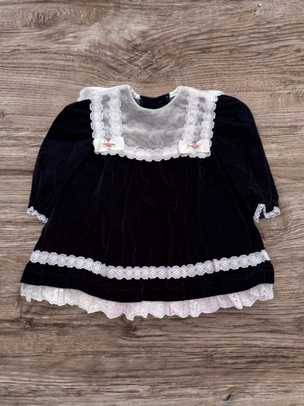 Vintage Allison Ann Navy Blue Velvet Lace Holiday Dress Girls 12M Made USA